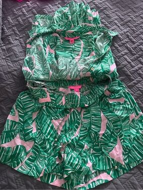 Lilly Pulitzer Green and Pink Leaf Print Swim Coverup set